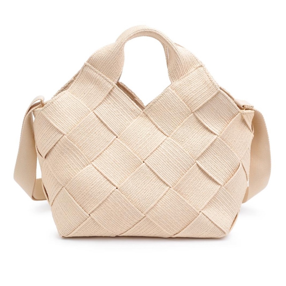 Woven Cream Tote with Top Handles and Shoulder Strap
